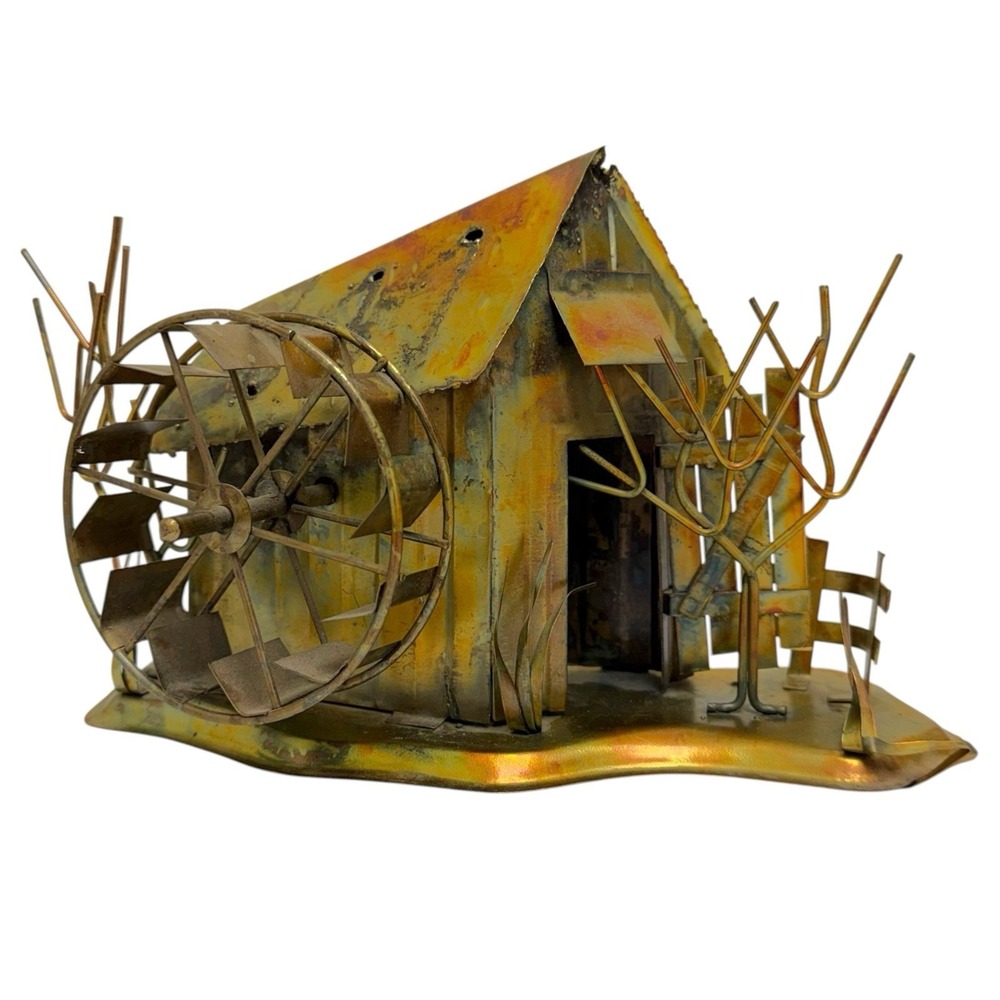 Vintage Copper & Tin Sculpture Wind Up Music Box Mill House Cottage Rustic WORKS
